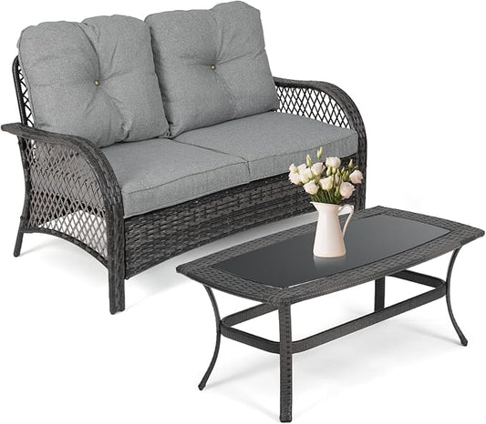 Athena Collection Outdoor Furniture Set Patio Loveseat and Table Set of 2, PE Rattan Sofa Conversation Set Double Chair Match Thickened Cushion and Coffee Table for Garden Porch Yard, Gray