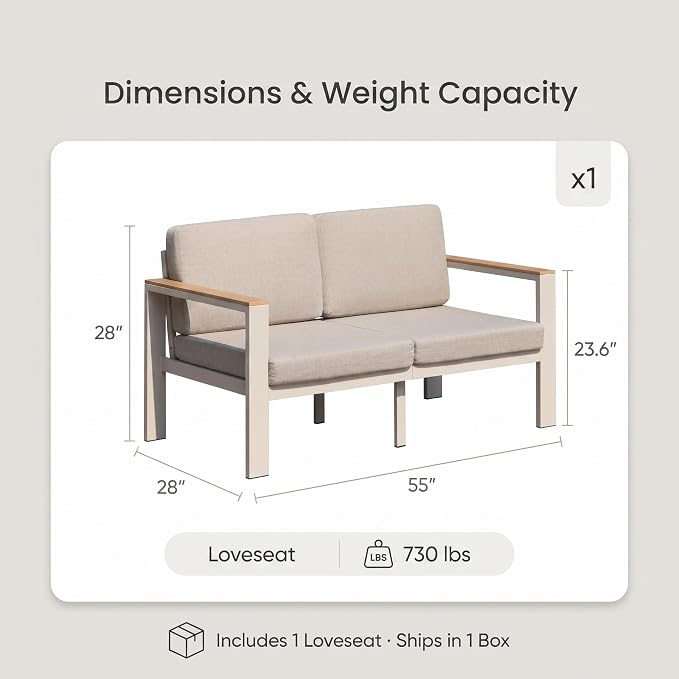 Aluminum Outdoor Patio Furniture Loveseat, All-Weather 2-Seat Patio Sofa with Rust-Resistant Frame and Water-Resistant Easy-Clean Cushions for Porch, Deck, Backyard, Beige