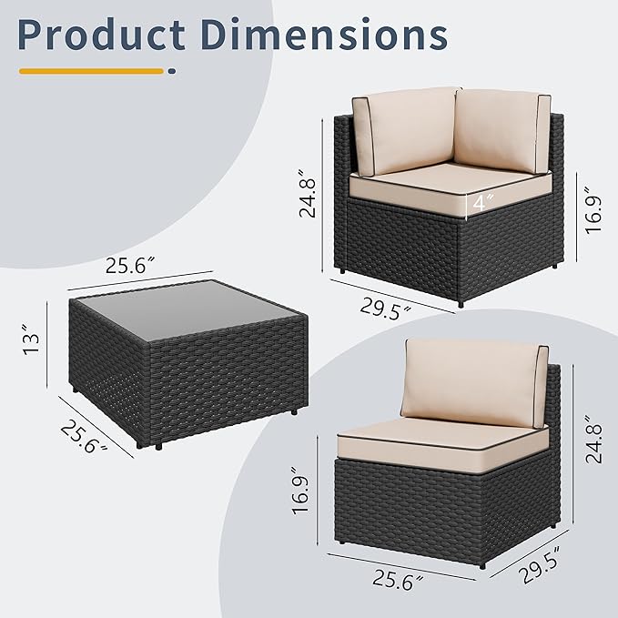 SUNLEI Outdoor Patio Furniture Set 5 Pcs, Rattan Balcony Furniture with Backrest Glass Table & Washable Cushions Small Conversation Patio Set with Sectional Design (Black/Khaki)