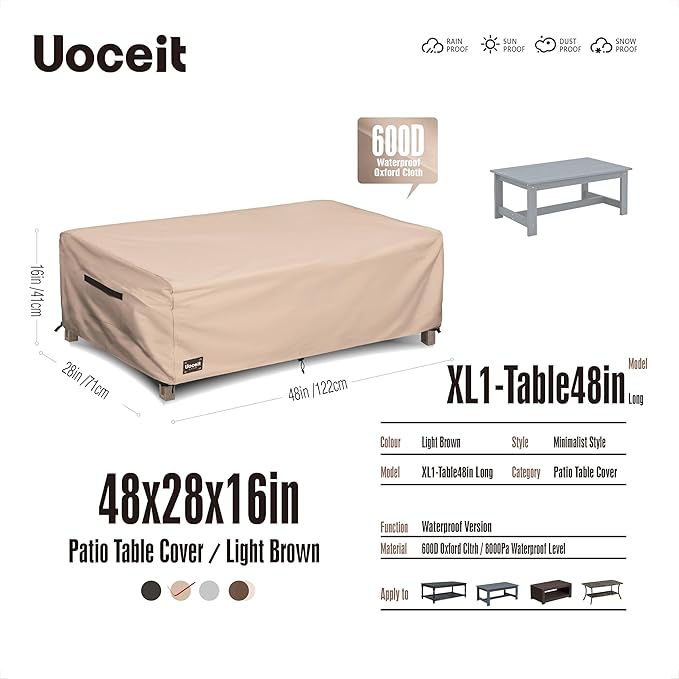 Patio Coffee Table Cover,48Wx28Dx16H Inches 100% Waterproof 600D Heavy Duty Outdoor Rectangular Side Table Cover,Light Brown Minimalist Style Outdoor Furniture Covers