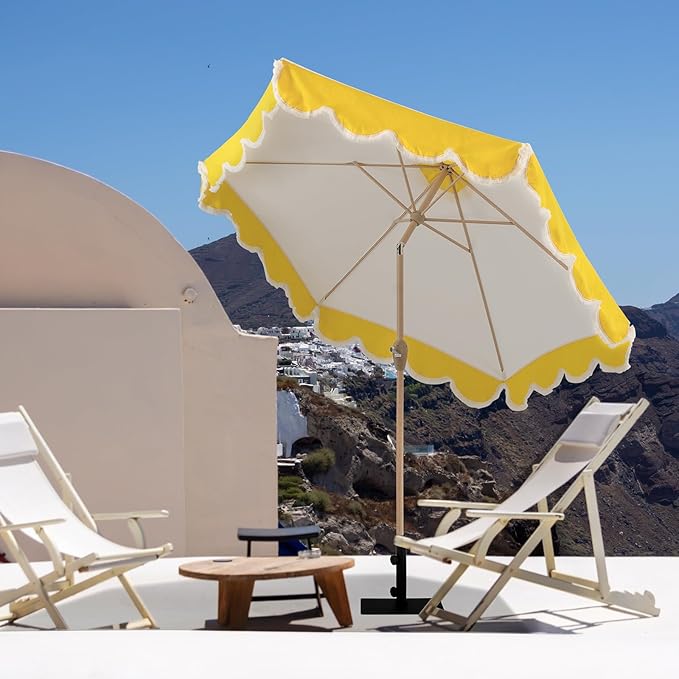 Tempera 9ft Scalloped Patio Umbrellas with Fringe, Market Umbrellas with Water-Resistant and Fade Resistant Canopy, 1.5" Wood Pole & Button Tilt.