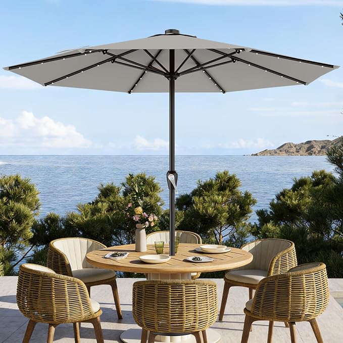 AreShark 12FT Large Patio Umbrella with Solar Lights, Solar Powered Outdoor Umbrella with Crank, Patio Table Market Umbrellas for Garden, Deck, Backyard, Pool and Beach, Light Gray