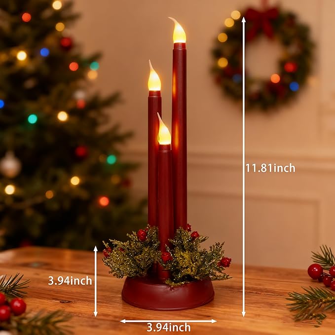 Flameless Taper Candles LED Candlesticks Battery Operated 3D Flicker Fake Candle for Xmas Wedding Fireplace Holiday Party Decor (Red)