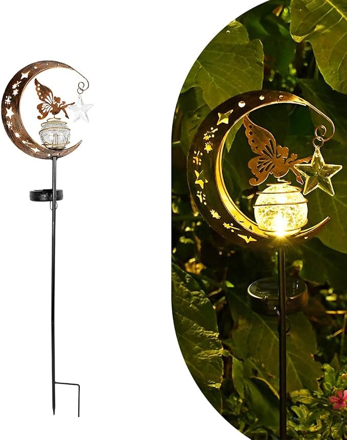 Garden Decorations Solar Light Outdoor-Moon Elf Lights with Crackle Glass Globe, Decoration for Pathway Lawn Patio Courtyard Backyard.(Moon Elf)