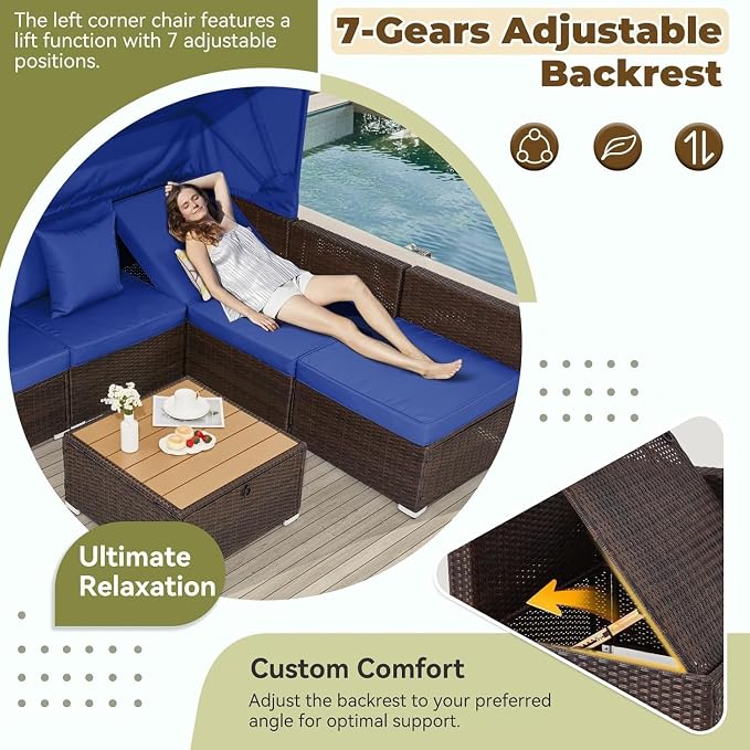6-Piece Outdoor Sectional Sofa Set with Retractable Canopy and Adjustable Backrest, Patio Conversation Set Rattan Garden Lounge Furniture for Backyard, Deck, Porch, or Balcony Seating(Beige)