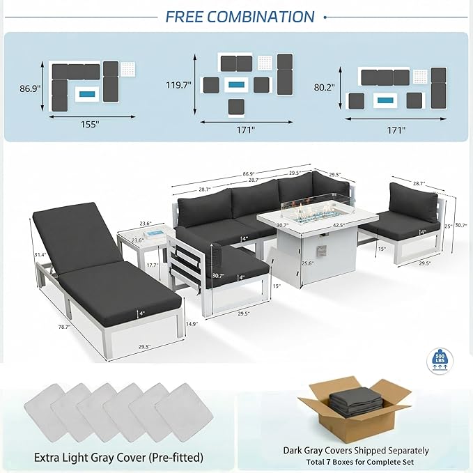 NICESOUL 8 Piece Oversized Modular Aluminum Outdoor Furniture Set with Chaise Lounge, 29" Deep and Wide Sectional Seating, 500 lbs High Weight Capacity Patio Conversation Set for Poolside, Dark Gray