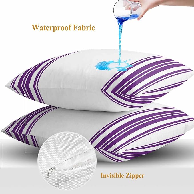 Outdoor Waterproof Throw Pillow Covers Set of 2 Purple Stripes Pillowcases 18x18 Inches White Vertical Striped Decorative Pillows Cushion Case Patio Pillows for Couch Bed Chair Garden