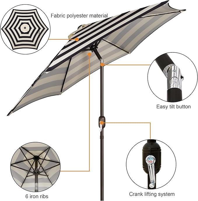 Blissun 7.5 ft Patio Umbrella, Yard Umbrella, Outdoor Market Umbrella with Push Button Tilt Crank, Black & Beige