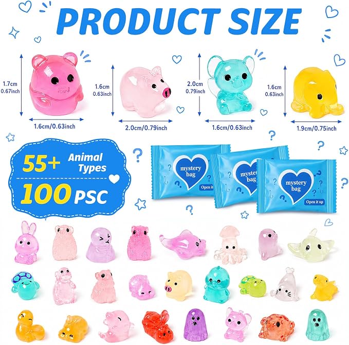 100pcs Luminous Mini Resin Animals, Resin Animals Mystery Bags, Mini Duck Blind Bags Toys, Glow in The Dark Tiny Animal Figurines for Fairy Garden, Aquarium, Party Favors & Home Decor Crafts