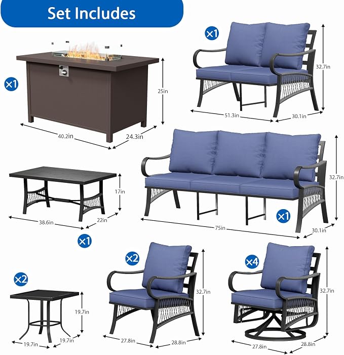 12 Piece Patio Furniture Set, All Weather Metal Outdoor Conversation Set with 50000 BTU Propane Fire Pit Table and 5" Thick Cushions, Sectional Sofa for Garden, Porch, Lawn, Blue