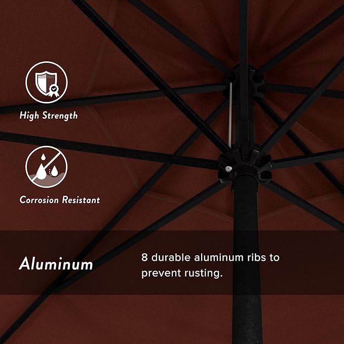 California Umbrella 12-Year Protection 9' Rd Aluminum Patio Umbrella, Crank Lift, Auto Tilt, Black Finish, Sunbrella Terracotta