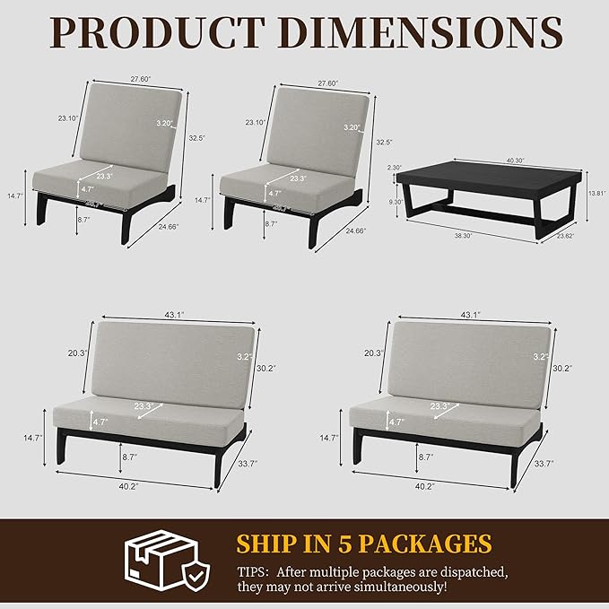 UIXE 5 Pieces Black Wood Patio Furniture Sets, 2 Patio Loveseat, 2 Patio Bistro Chair, All Weather Outdoor Sectional Sofa Furniture Backyard Conversation Set with Coffee Table - Light Camel