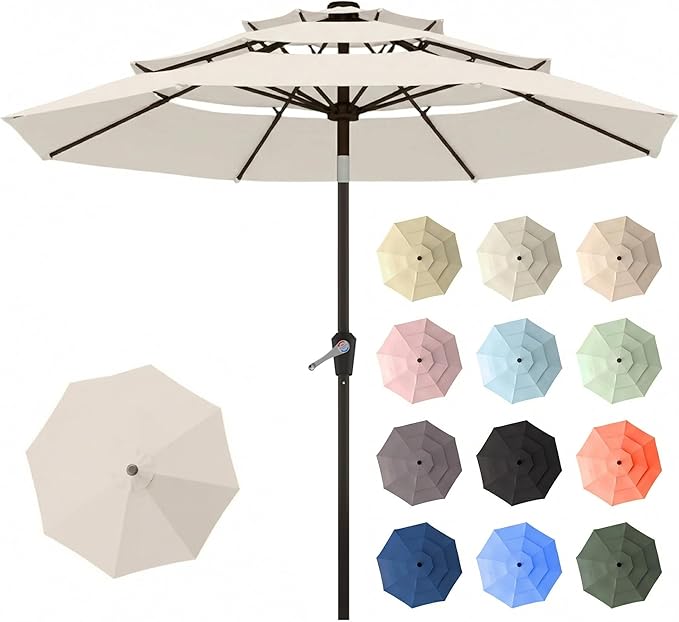 10ft Patio Umbrella, 3 Tier Outdoor Market Table Umbrellas with 8 Fiberglass Ribs and Push Button Tilt, Windproof, Vented Canopy, UV Protection for Deck, Pool, Backyard