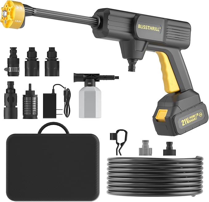 Cordless Portable Washer, 1100 PSI Battery Operated Washer with All-Copper Motor, Battery, 23FT Elastic Hose, Storage Bag; Handheld Washer; Lightweight Car Washer for Home, Garden (Tough Yellow)