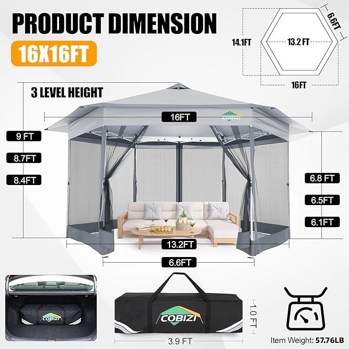 COBIZI 16x16 Pop Up Gazebo Tent with Mosquito Netting, Gazebos on Clearance, Hexagonal Outdoor Canopy Shelter, Patented Center Lock 6-Sided Portable Gazebos, Pop Up Canopy Tent for Backyard, White