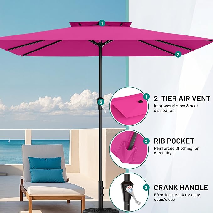 AreShark 8'x10' 2 Tiers Rectangular Patio Umbrella - Outdoor Umbrella Waterproof UV Protection, Market Table Umbrella w/Crank for Pool, Backyard, Deck(Rose Pink)