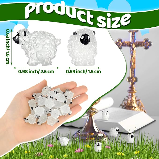 Suzile 50 Pcs Mini Sheep Figurine Miniature Resin Sheep Figurine White Lamb Figure Cute Animal Statue Landscape Little Decor for Spring Summer Outdoor Garden DIY Ornament Cake Topper(Luminous Style)