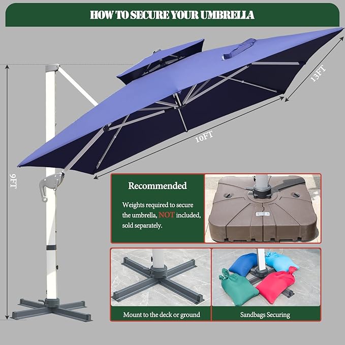 Cantilever Patio Umbrella with Cross Base and Cover Included - 360° Rotation Large Heavy Duty Offset Outdoor Umbrella with Easy Tilt for Pool Backyard Deck Garden (10x13 FT Navy Blue)