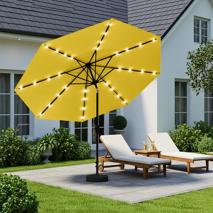 9' Solar LED Patio Umbrella with Tilt & Crank|8 Sturdy Ribs,UV Protection,Outdoor Market Table Umbrella for Deck,Lawn,Pool,Backyard(Yellow)