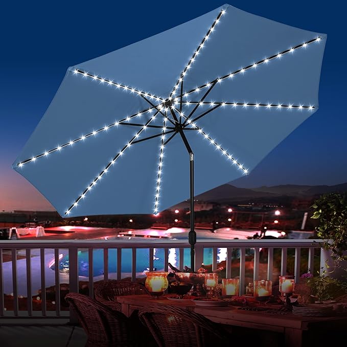 Sundale Outdoor OLEFIN LED Solar Patio Umbrella with Sand Bag Umbrella Base, Outdoor Umbrella with Tilt and Crank