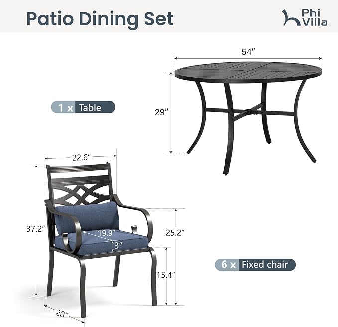 PHI VILLA Patio Dining Set, Round Metal Table | Metal chairs, Blue, Umbrella Hole, Cushions, E-coated