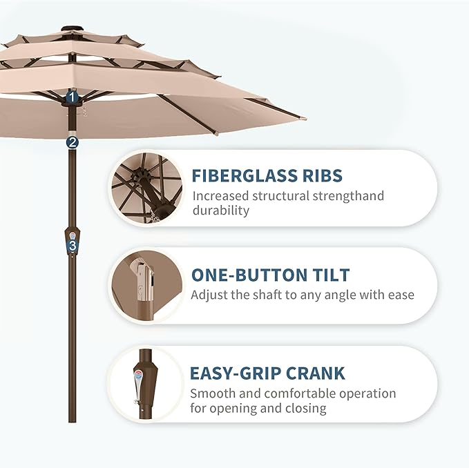 PatioKingdom 9ft 3-Tier Patio Market Umbrella with Crank/Tilt, Commercial Heavy Duty Wind Proof,Outdoor Table Umbrella with 8 Fiberglass Ribs,UPF50+ for Deck,Pool,Garden,Backyard (Beige)