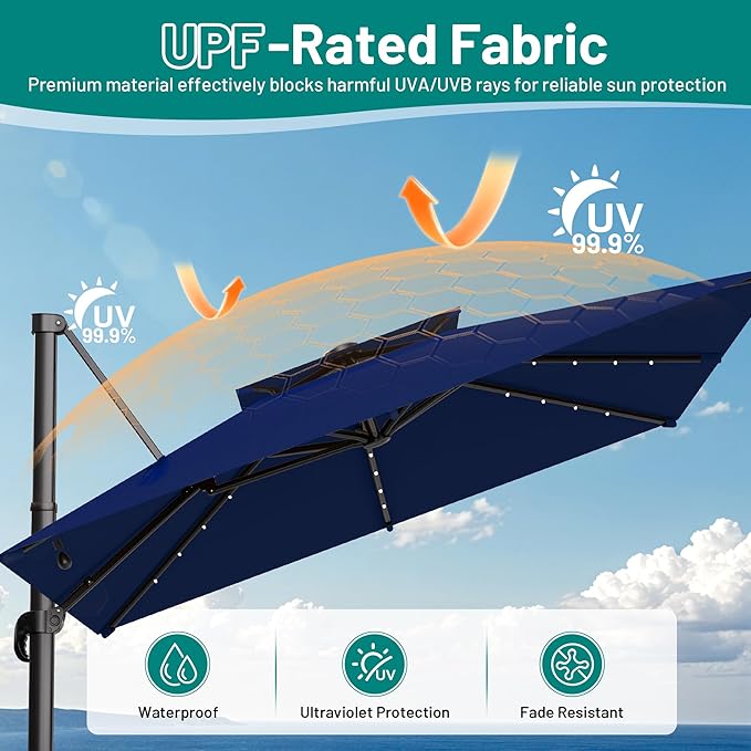 AreShark 10×10FT Solar LED Cantilever Umbrella with Base Included, Double-Top Outdoor Patio Offset with 360 Degree Rotation, Square Offset Hanging Umbrella for Garden Deck Pool, Navy