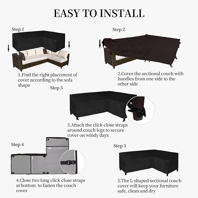 Easy-Going 600D Patio L-Shaped Sectional Sofa Cover, 85"X58" Waterproof Heavy Duty Outdoor Garden Furniture Cover with Air Vent (Right Facing, Black)