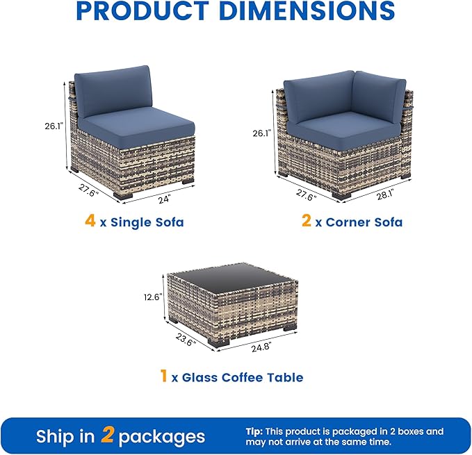 Patio Furniture Sets, 7-Piece Outdoor Patio Furniture with Thick Cushions,Coffee Table Outdoor All-Weather Conversation Set Sectional Sofa for Backyard, Poolside, Garden(Navy Blue)