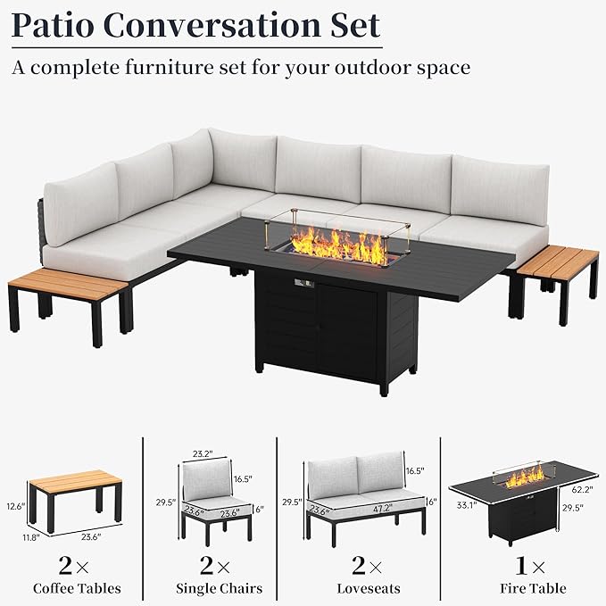 PIZZELLO 9-Piece Patio Furniture Set with 62" Fire Pit Table Outdoor Sectional Sofa Set with Coffee Table, Patio Conversation Set, Beige (6" Thickened Cushions Included)