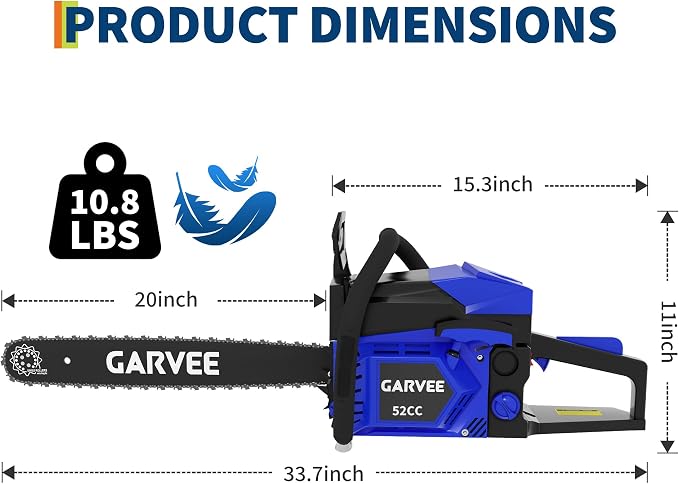 Garvee 52CC Gas Chainsaw, 20 Inch Gas Powered Chain Saw with 2-Stroke Engine, 3-Second Quick Start, Quick Start and Anti-Vibration System for Heavy-Duty Logging, Firewood and Woodworking