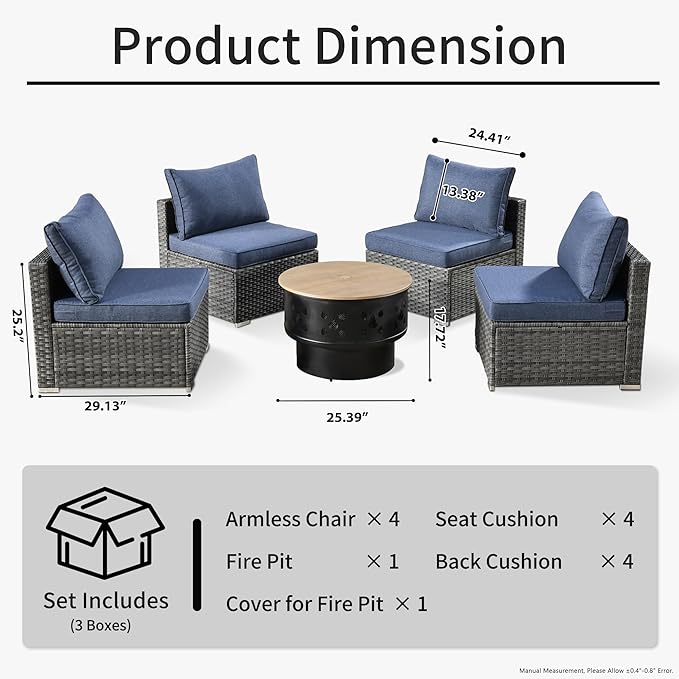 HOOOWOOO 5-Piece Outdoor Wicker Patio Furniture Set, All-Weather Rattan Chairs with Cushions and Fire Pit Table, Modern Garden Conversation Set for Patio, Porch, and Balcony (Denim Blue)