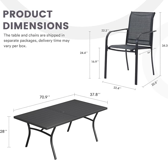 9 Pieces Patio Dining Set, 71" Rectangular Dining Table with Umbrella Hole, 8 Stackable Textilene Fabric Chairs, Metal Structure for Patio, Porch, Garden(Grey Table, Grey Chair)