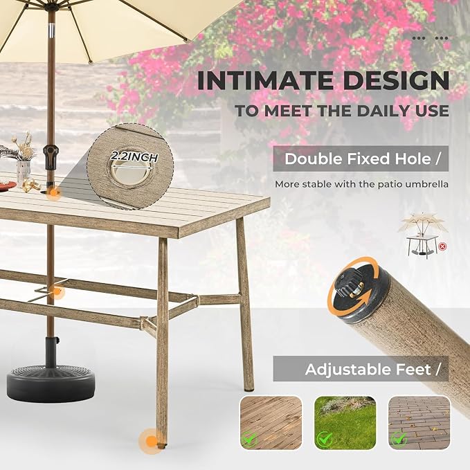 HAPPATIO 7-Piece Outdoor Dining Set for 6, Aluminum Patio Dining Set Includes 4 Dining Chairs, 2 Swivel Dining Chairs, and 1 Large Rectangular Table with Umbrella Hole, for Lawn Porch Yard, Brown