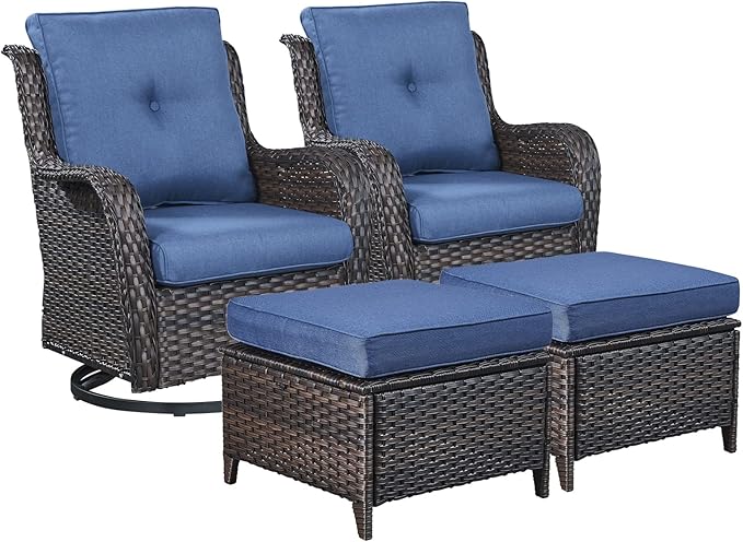 Rilyson Wicker Patio Furniture Set - 4 Piece Rattan Outdoor Patio Conversation Sets with 2 Swivel Rocking Chairs,2 Ottomans for Porch Deck Garden(Brown/Blue)