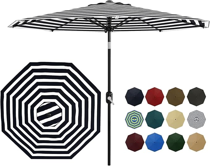 Garvee 9 ft Patio Umbrella - 8 Sturdy Ribs Outdoor Table Umbrella with Crank Lift & Push Button Tilt - Market Umbrella for Pool, Deck, Yard, Garden - Black & White Stripe
