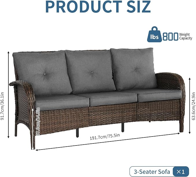 YLGJ&TIDY Outdoor Furniture 2PCS Set All-Weather Brown Wicker Patio Conversation Set 3 Seater Rattan Sofa Glass Coffee Table for Garden Backyard Porch Balcony w/Thick Cushions (Gray,2PCS Sofa/Table)