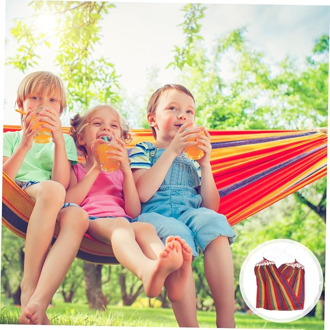 Single Person Rainbow Canvas Hammock for Outdoor Camping and Leisure, Anti-tip Red Strip Swing, Travel Portable Cotton Fabric Swing for Adults