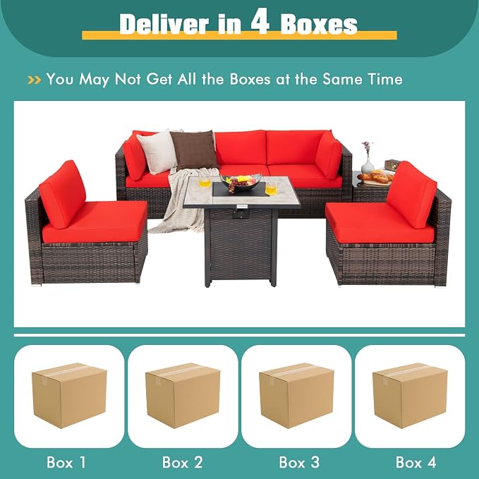 Tangkula 7 Piece Patio Furniture Set with Fire Pit Table, Patiojoy Outdoor PE Wicker Conversation Sectional Sofa Set with 30 Inches 50,000 BTU Propane Fire Pit Table, Waterproof PVC Cover (Red)