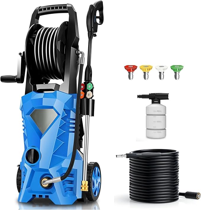 5000PSI Electric Pressure Washer 2026 2.8GPM High Power Washer with 33ft Hose Reel,4 Nozzle,and Soap Bottle for Cars/Home/Driveways/Patios/Fences,Blue