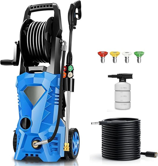 5000PSI Electric Pressure Washer 2026 2.8GPM High Power Washer with 33ft Hose Reel,4 Nozzle,and Soap Bottle for Cars/Home/Driveways/Patios/Fences,Blue