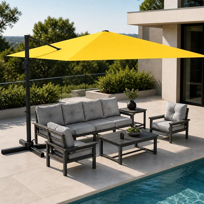 Kingdura 9' X 9' Cantilever Patio Umbrella with Base Included, Large Square Outdoor Offset Umbrella with 360-degree Rotation, 4 Position Tilt, UV Protection for Pool Deck Garden Patio (Yellow)