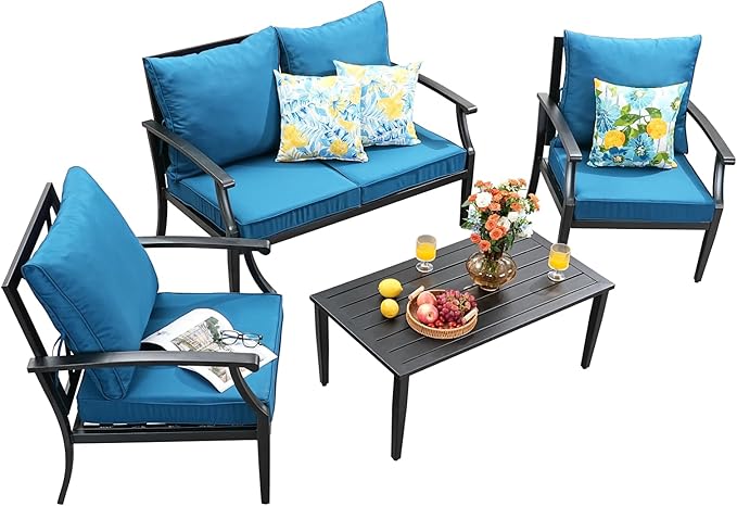 4 Piece Outdoor Patio Furniture Set, Oversized Metal Conversation Set with High Back & Deep Seating, Water-Repellent Cushions, Coffee Table for Porch, Deck, Backyard, Peacock