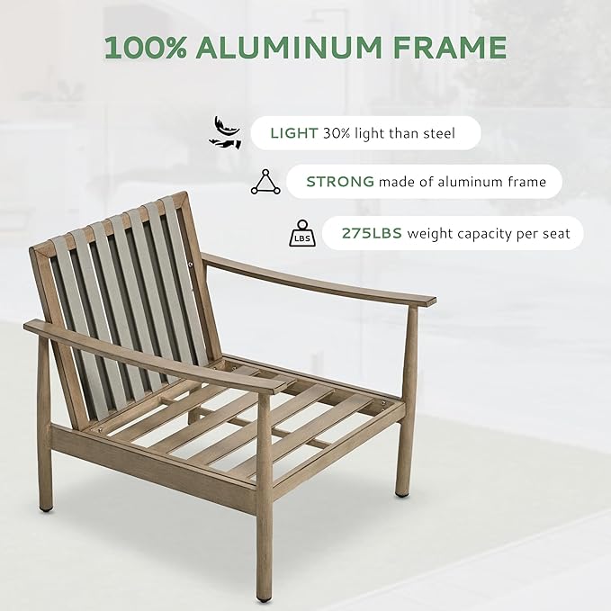 6 Pieces Aluminum Outdoor Patio Furniture Set with Coffee Table, Cushioned Loveseat and Armchairs with Ottomans, All-Weather Conversation Set for Yard Porch Deck, Blue & Brown