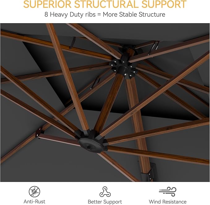 10x13 FT Wood Pattern Patio Umbrella, Large Deluxe Cantilever Rectangular Double Top Heavy Duty Offset Umbrellas with 360° Rotation, Outdoor shade for Garden Deck Pool Patio, Grey