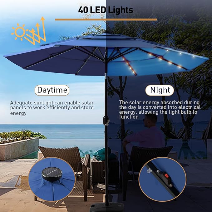 11FT 3 Tiers Patio Umbrella for Outside, Outdoor Umbrella with Solar LED Lights, Market Patio Table Umbrella with 8 Sturdy Ribs, Pool Umbrella for Garden, Pool, Backyard, Navy Blue