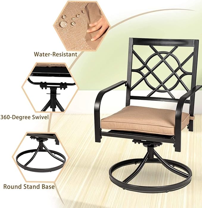 Oakcloud 7-Piece Metal Outdoor Furniture Patio Dining Set with Brown Umbrella, 6 Metal Swivel Chairs and Rectangle Dining Table with Umbrella Hole