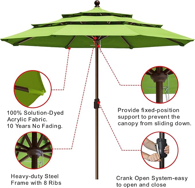 EliteShade USA 10-Year-Non-Fading 11ft 3-Tier Market Patio Umbrella, Commercial Grade Outdoor Table Umbrella with Crank Open, Windproof & UPF 50+ UV Protection, Heavy Duty Ventilation for Garden, Deck, Pool, Backyard, Beach & Bistro, No Tilt, Macaw Green