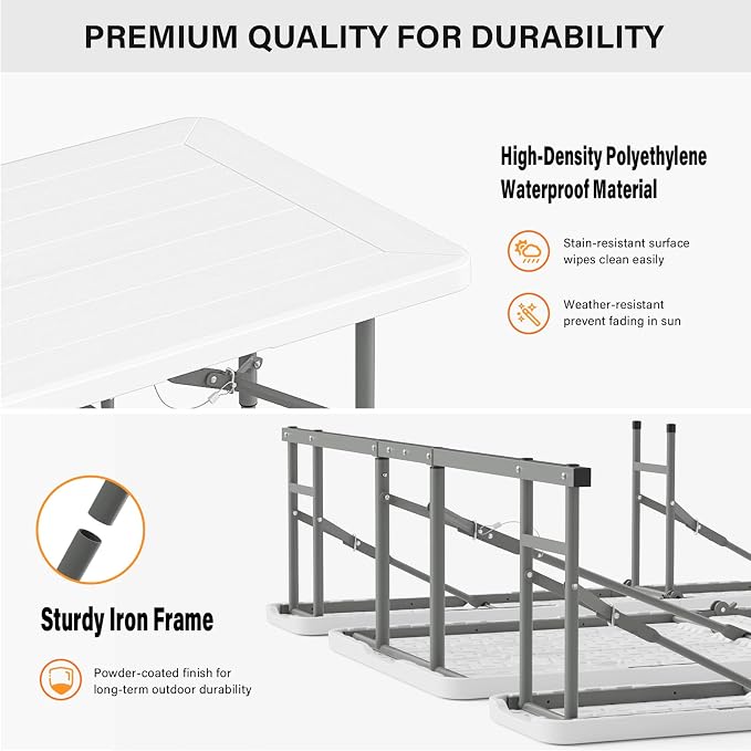 VINGLI Folding Picnic Table and Bench Set with Umbrella, Portable Outdoor Dining Furniture for Camping, Patio, Backyard, Wood Grain Plastic Top with Metal Frame