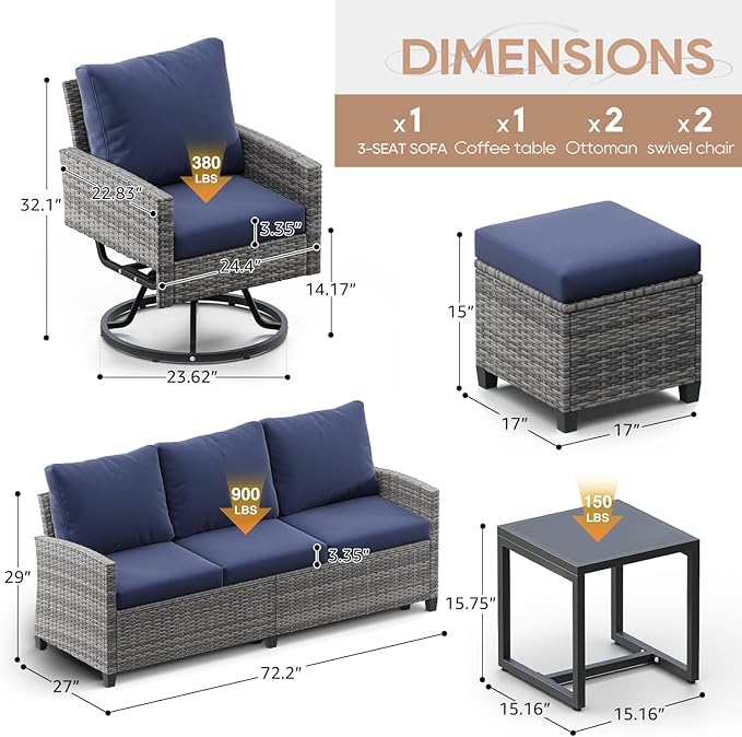 6 Piece Outdoor Furniture Set, Rattan Patio Furniture with 2 Swivel Chairs, 3-Seat Sofa, 2 Ottoman & Side Table, All-Weather Conversation Set for Porch Garden Lawn Balcony (Gray & Blue)